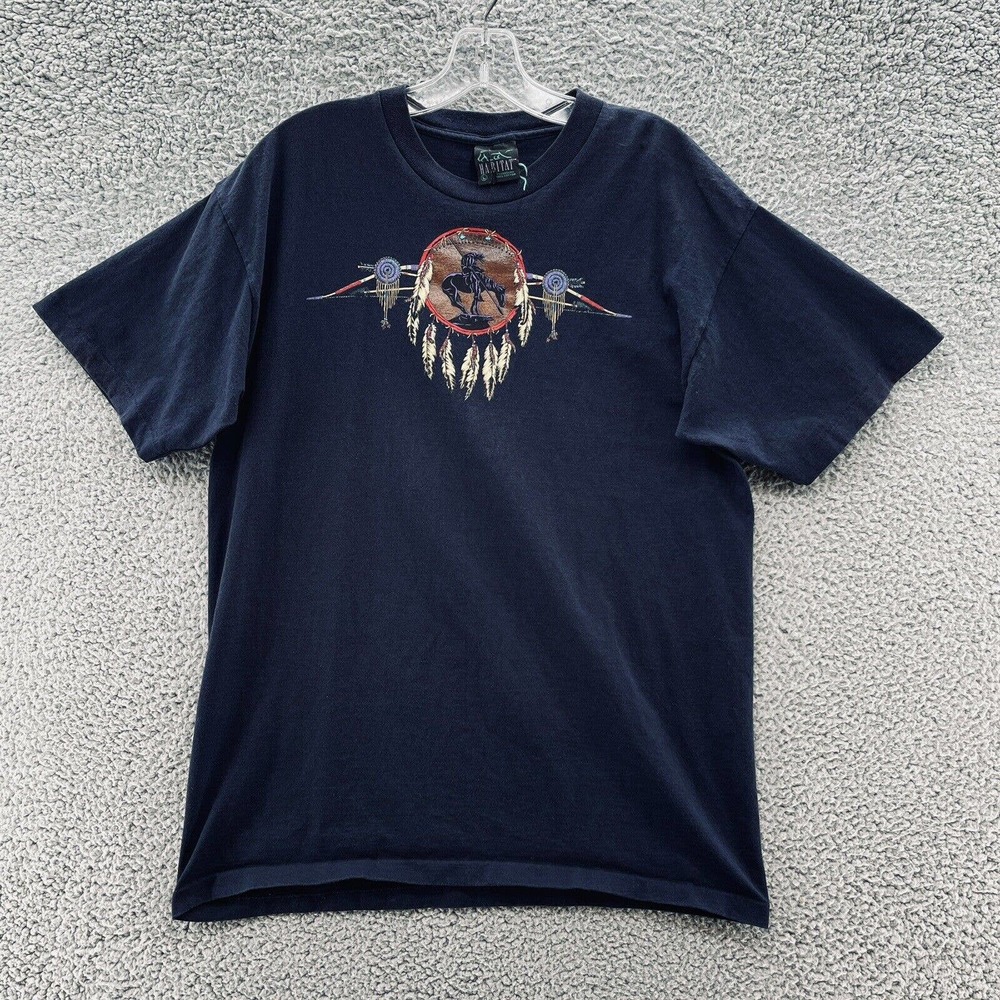 Vintage T Shirt Blue Short Sleeve Casual Southwest Indian Applique Tee